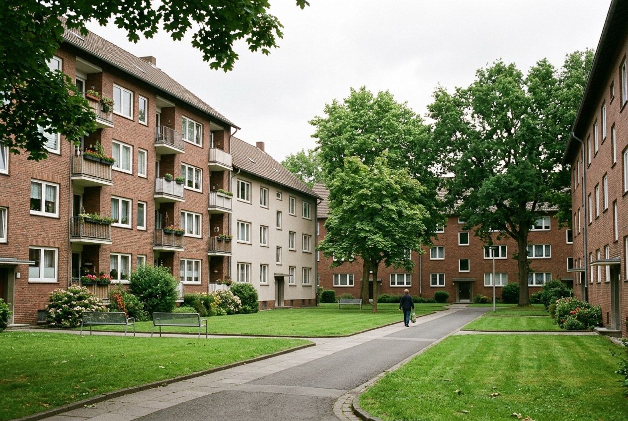 Gepflegte Wohnanlage einer Genossenschaft mit Klinkerfassaden und grünem Innenhof